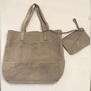 Frye Leather Suede Harvest Tote Shoulder Bag Light Gray with Pouch